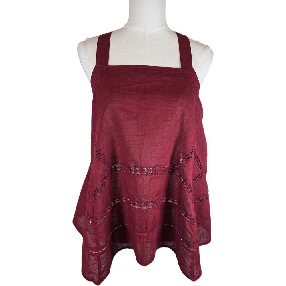 Free People Wine 100% Cotton Lace Trim Cross Back Tie Handkerchief Top